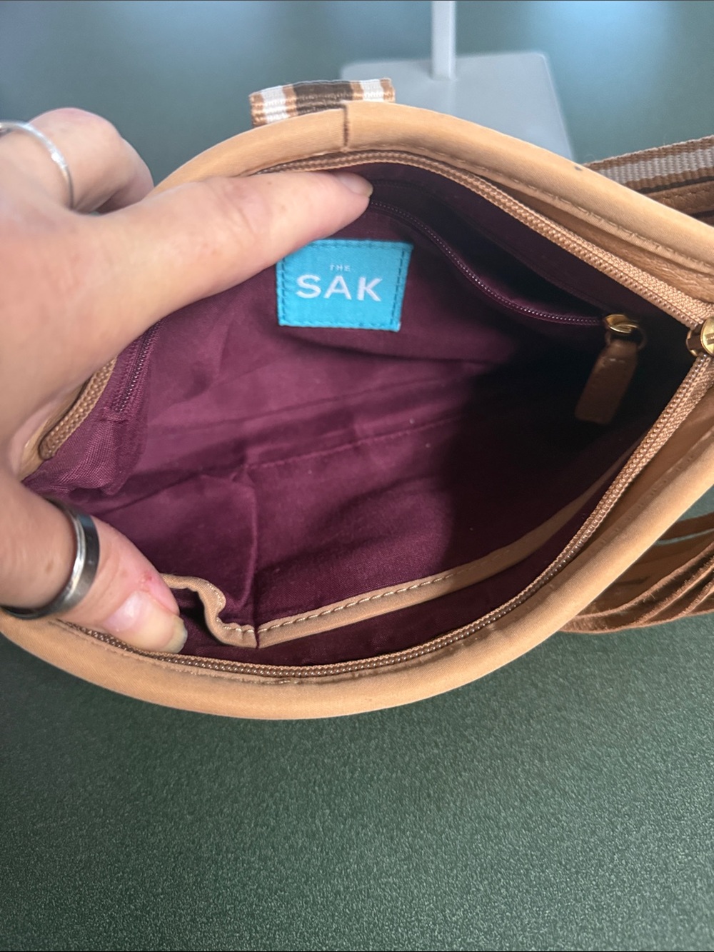 The Sak Tan Leather Shoulder Bag with Striped Strap and Tassel EUC - Picture 9 of 9